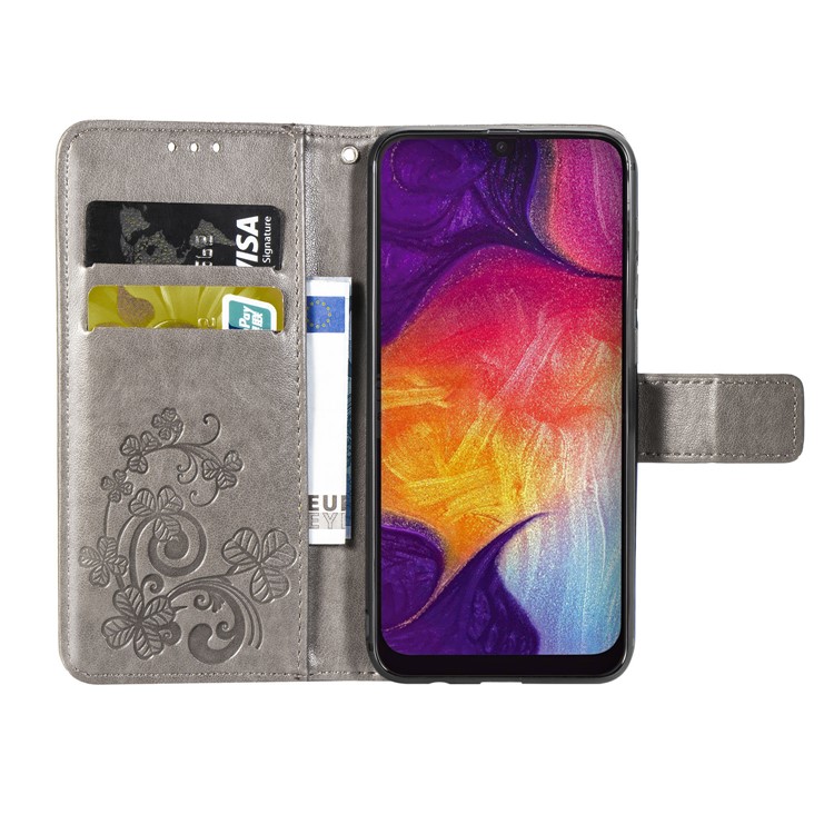 Imprint Four Leaf Clover Leather Wallet Stand Case with Strap for Samsung Galaxy A50 - Grey-4