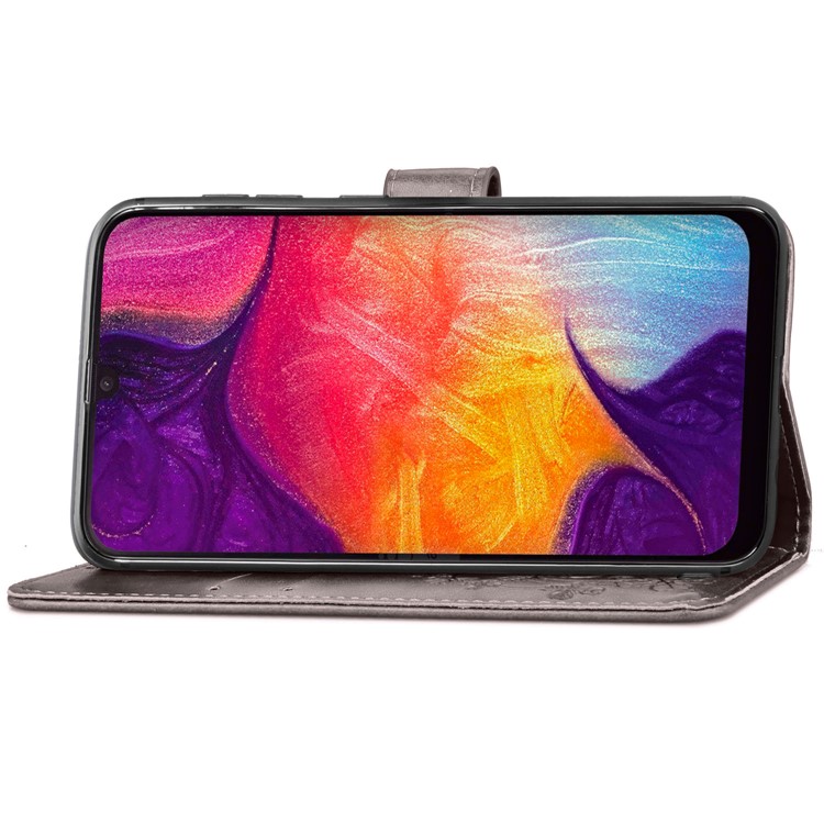 Imprint Four Leaf Clover Leather Wallet Stand Case with Strap for Samsung Galaxy A50 - Grey-5