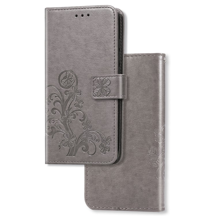Imprint Four Leaf Clover Leather Wallet Stand Case with Strap for Samsung Galaxy A50 - Grey-8