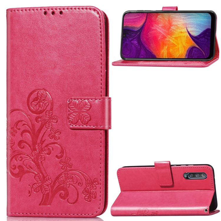 Imprint Four Leaf Clover Leather Wallet Stand Case with Strap for Samsung Galaxy A50 - Pink-1