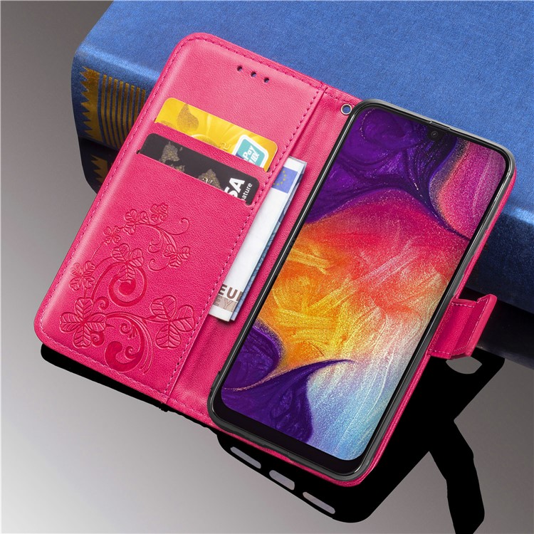 Imprint Four Leaf Clover Leather Wallet Stand Case with Strap for Samsung Galaxy A50 - Pink-12