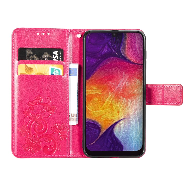 Imprint Four Leaf Clover Leather Wallet Stand Case with Strap for Samsung Galaxy A50 - Pink-4