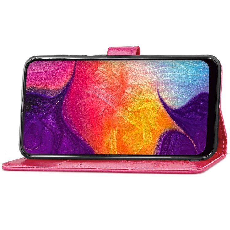 Imprint Four Leaf Clover Leather Wallet Stand Case with Strap for Samsung Galaxy A50 - Pink-5