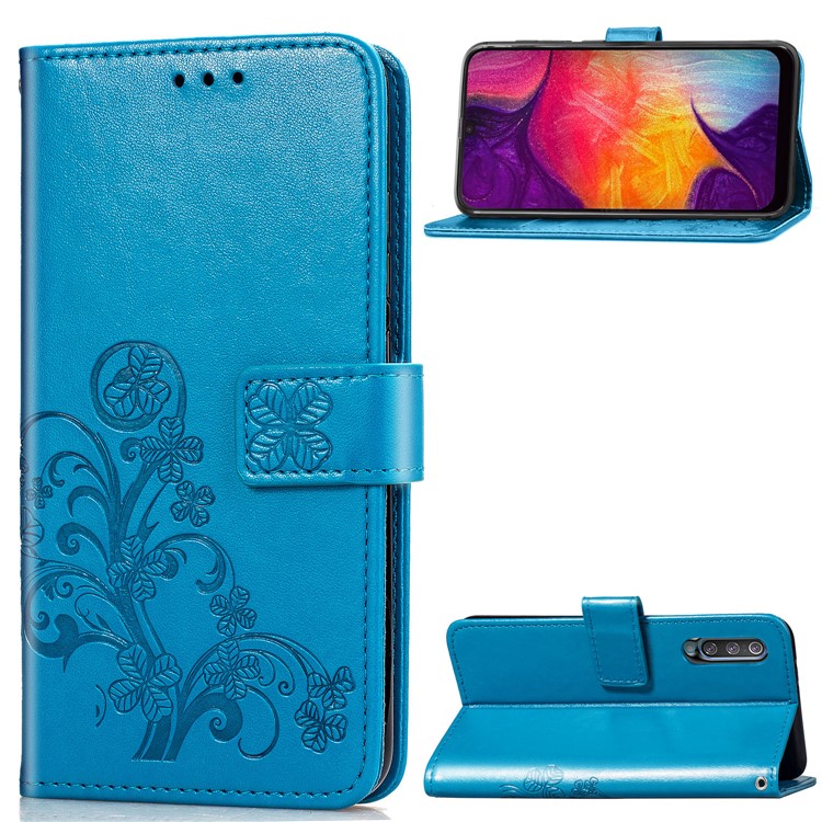 Imprint Four Leaf Clover Leather Wallet Stand Case with Strap for Samsung Galaxy A50 - Blue-1