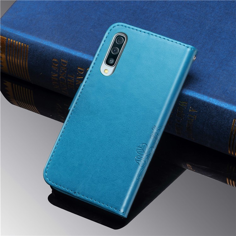Imprint Four Leaf Clover Leather Wallet Stand Case with Strap for Samsung Galaxy A50 - Blue-11