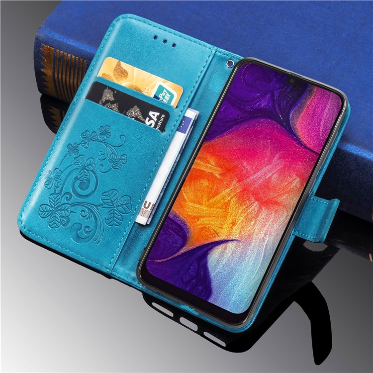 Imprint Four Leaf Clover Leather Wallet Stand Case with Strap for Samsung Galaxy A50 - Blue-12