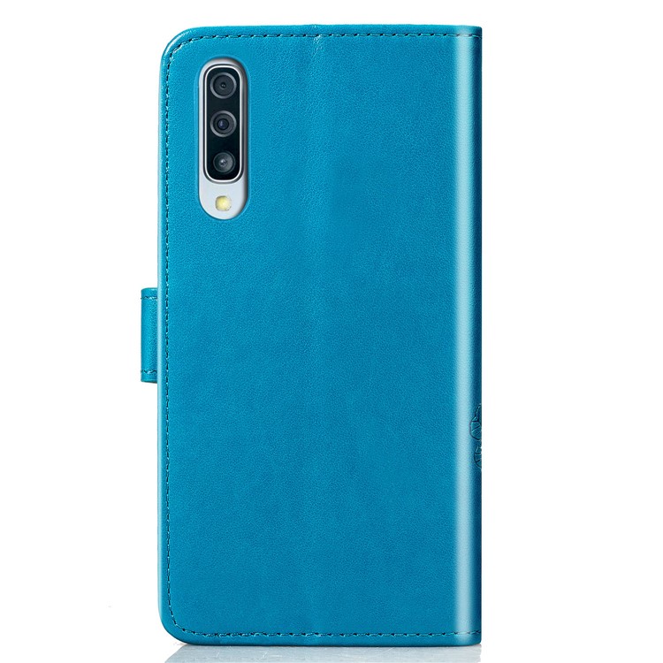 Imprint Four Leaf Clover Leather Wallet Stand Case with Strap for Samsung Galaxy A50 - Blue-3