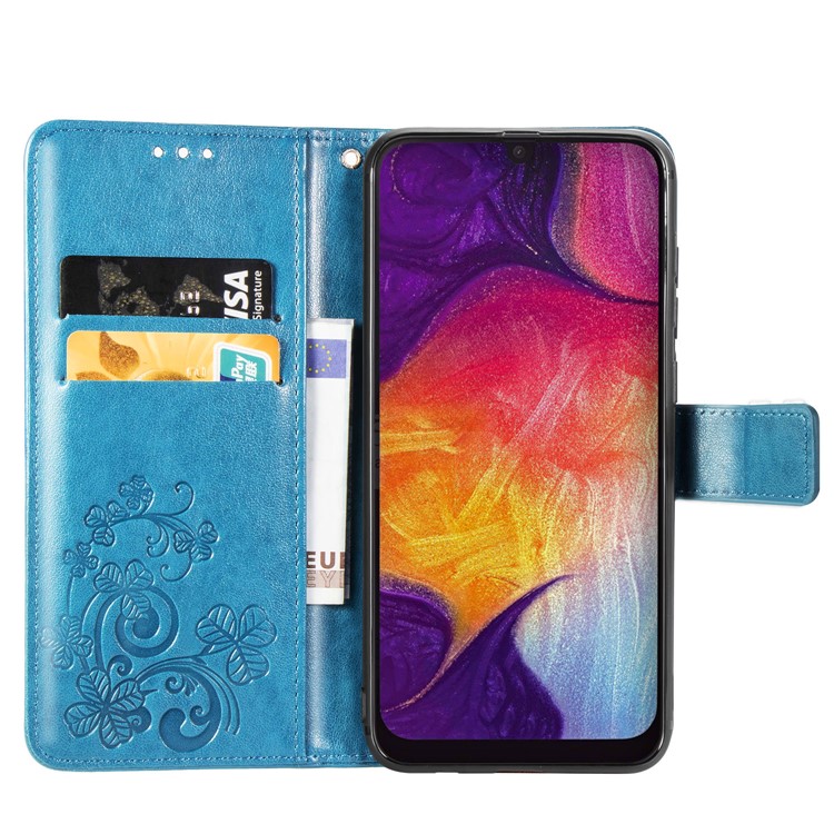 Imprint Four Leaf Clover Leather Wallet Stand Case with Strap for Samsung Galaxy A50 - Blue-4