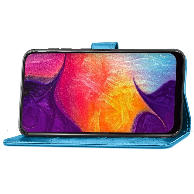 Imprint Four Leaf Clover Leather Wallet Stand Case with Strap for Samsung Galaxy A50 - Blue-5