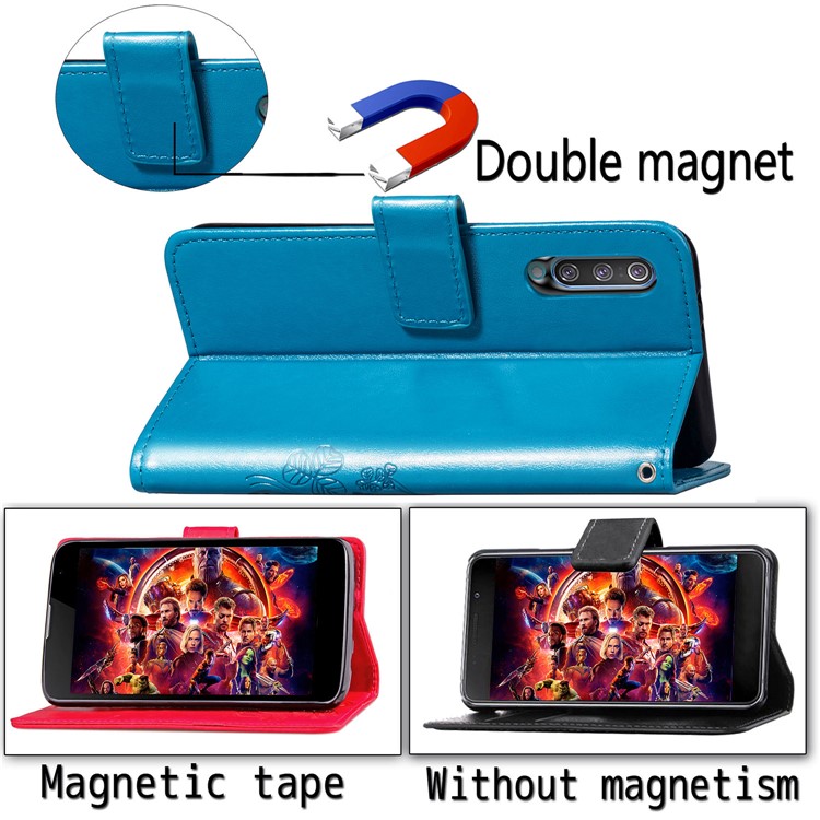 Imprint Four Leaf Clover Leather Wallet Stand Case with Strap for Samsung Galaxy A50 - Blue-7