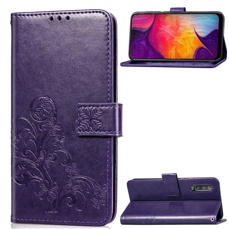 Imprint Four Leaf Clover Leather Wallet Stand Case with Strap for Samsung Galaxy A50 - Purple-1