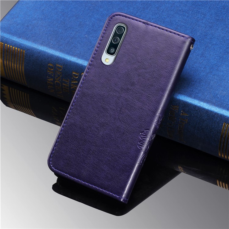 Imprint Four Leaf Clover Leather Wallet Stand Case with Strap for Samsung Galaxy A50 - Purple-10