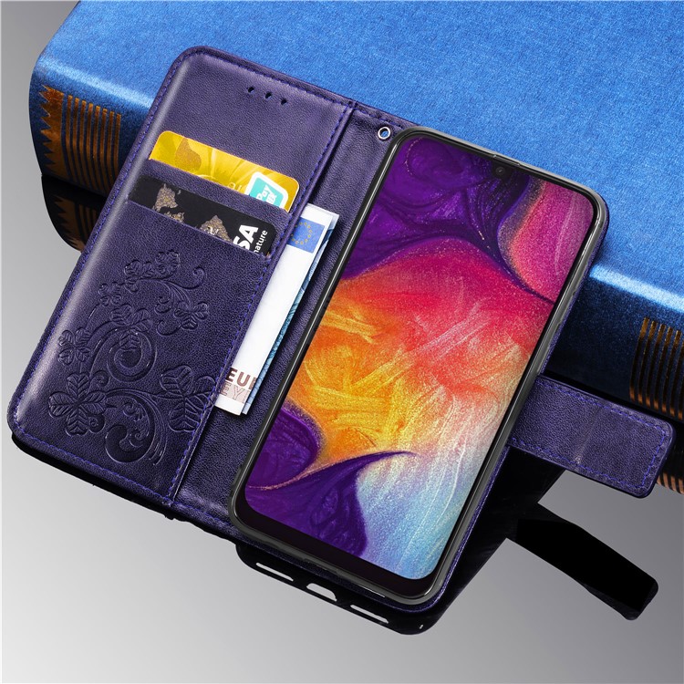 Imprint Four Leaf Clover Leather Wallet Stand Case with Strap for Samsung Galaxy A50 - Purple-11