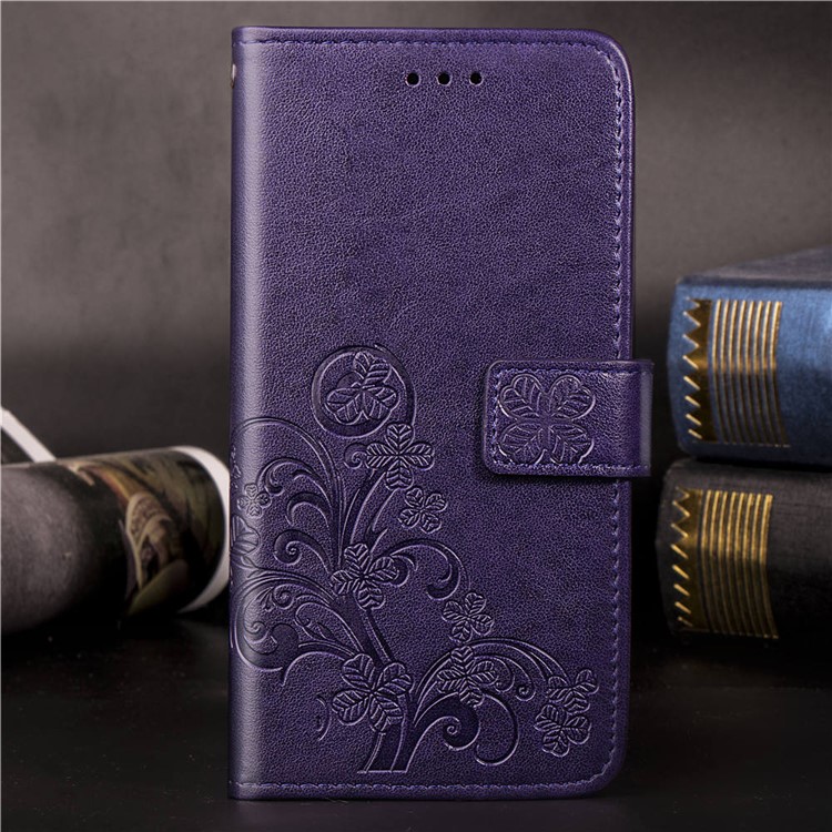 Imprint Four Leaf Clover Leather Wallet Stand Case with Strap for Samsung Galaxy A50 - Purple-12