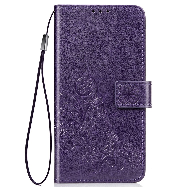 Imprint Four Leaf Clover Leather Wallet Stand Case with Strap for Samsung Galaxy A50 - Purple-2