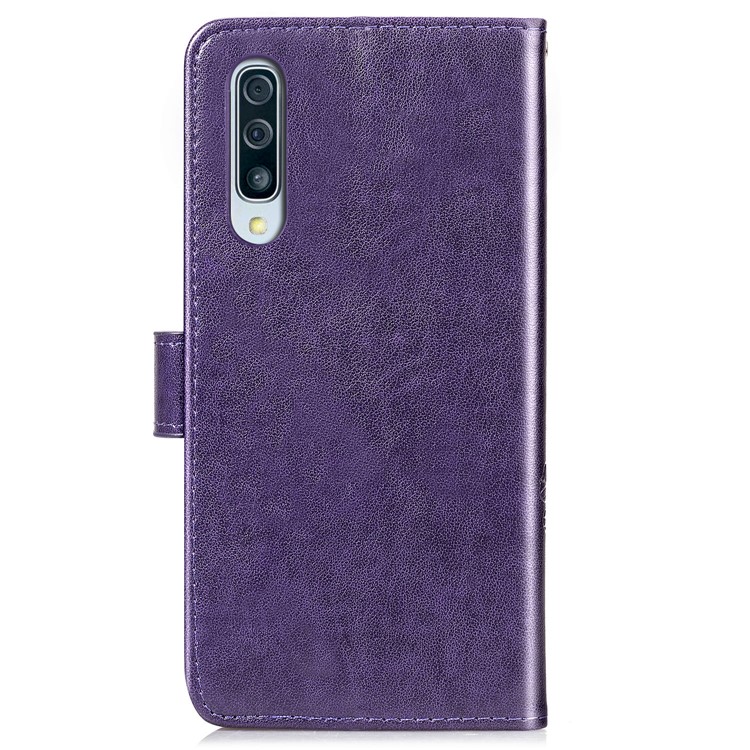 Imprint Four Leaf Clover Leather Wallet Stand Case with Strap for Samsung Galaxy A50 - Purple-3