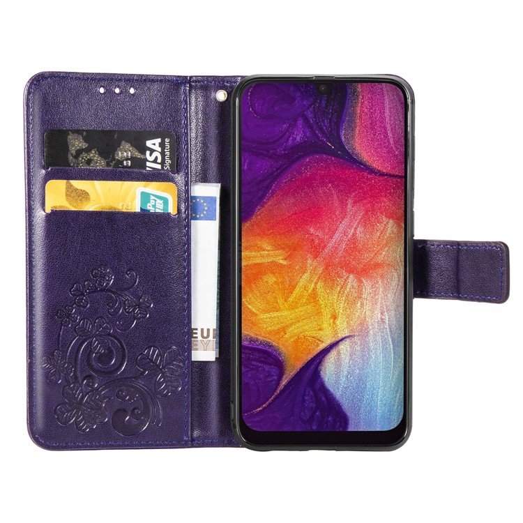 Imprint Four Leaf Clover Leather Wallet Stand Case with Strap for Samsung Galaxy A50 - Purple-4