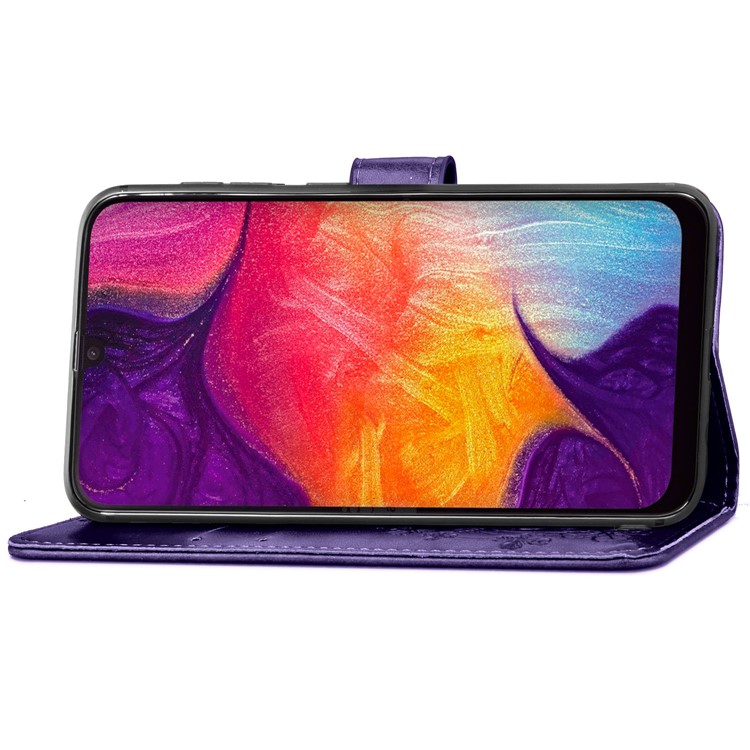 Imprint Four Leaf Clover Leather Wallet Stand Case with Strap for Samsung Galaxy A50 - Purple-5