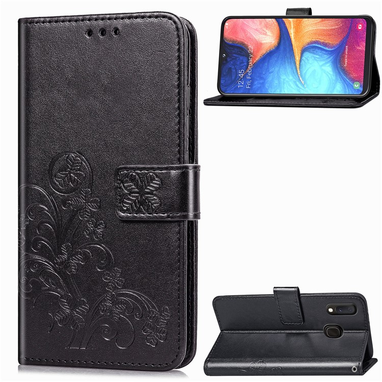 Imprint Four Leaf Clover Leather Wallet Stand Case with Strap for Samsung Galaxy A20e - Black-1