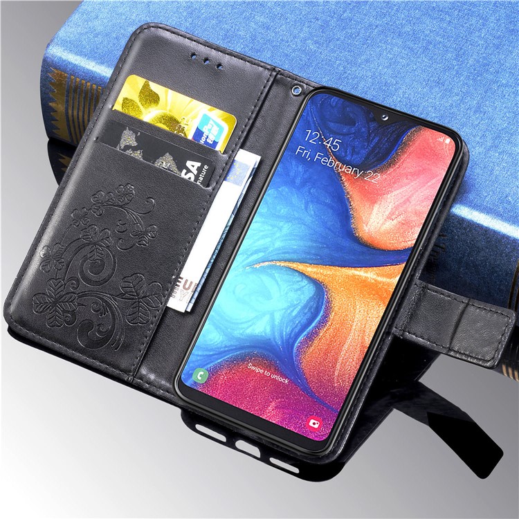 Imprint Four Leaf Clover Leather Wallet Stand Case with Strap for Samsung Galaxy A20e - Black-11