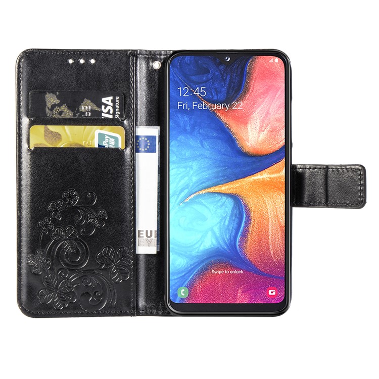 Imprint Four Leaf Clover Leather Wallet Stand Case with Strap for Samsung Galaxy A20e - Black-4