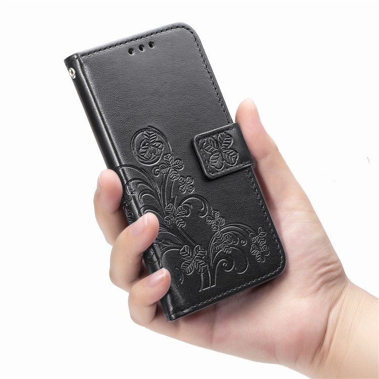 Imprint Four Leaf Clover Leather Wallet Stand Case with Strap for Samsung Galaxy A20e - Black-7