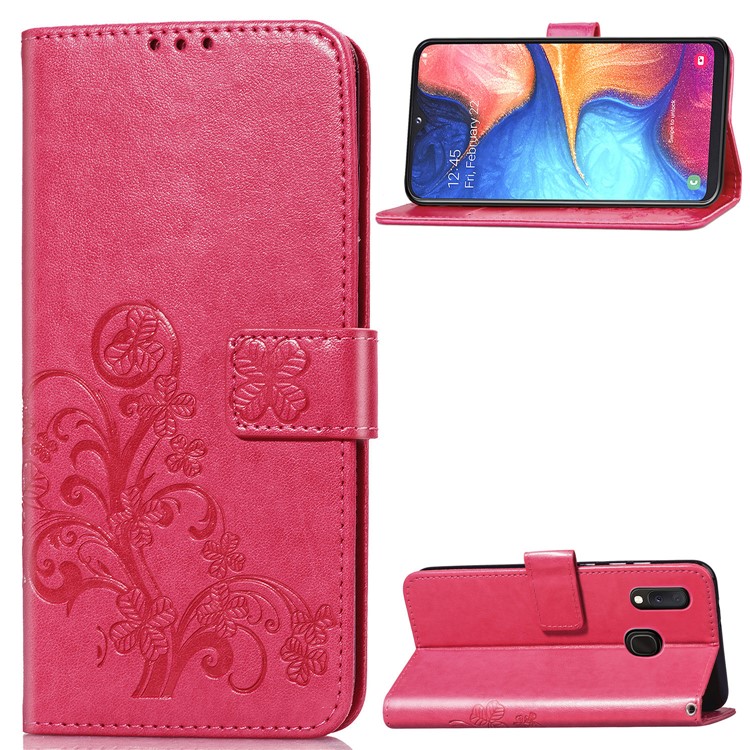 Imprint Four Leaf Clover Leather Wallet Stand Case with Strap for Samsung Galaxy A20e - Pink-1