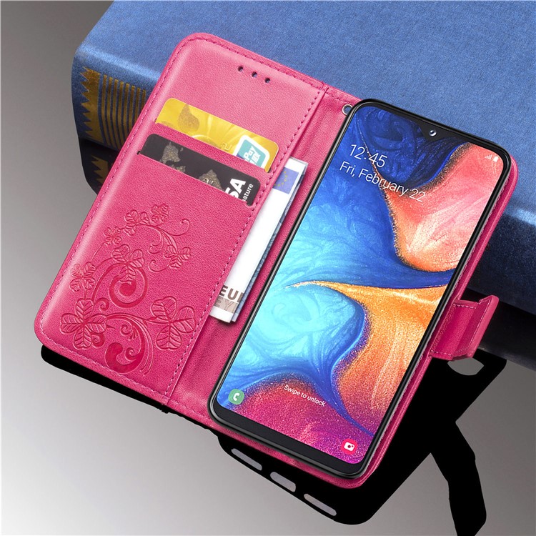 Imprint Four Leaf Clover Leather Wallet Stand Case with Strap for Samsung Galaxy A20e - Pink-13