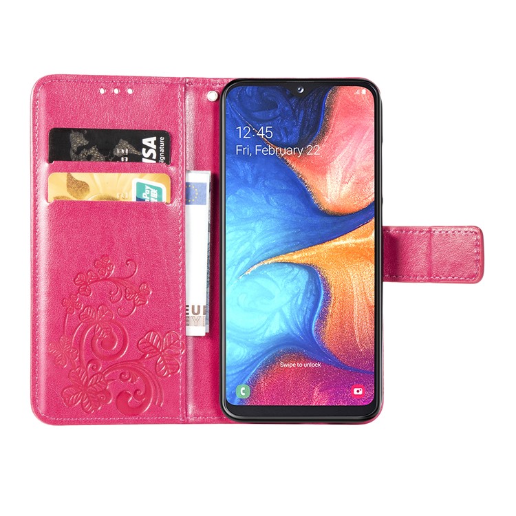 Imprint Four Leaf Clover Leather Wallet Stand Case with Strap for Samsung Galaxy A20e - Pink-4