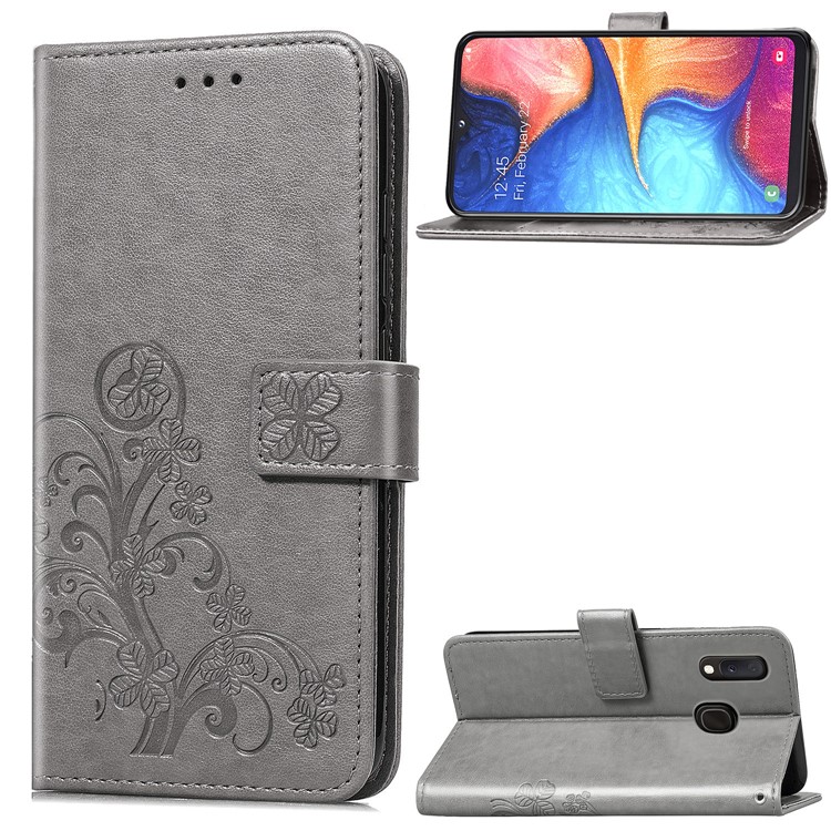 Imprint Four Leaf Clover Leather Wallet Stand Case with Strap for Samsung Galaxy A20e - Grey-1