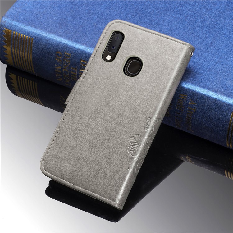 Imprint Four Leaf Clover Leather Wallet Stand Case with Strap for Samsung Galaxy A20e - Grey-11