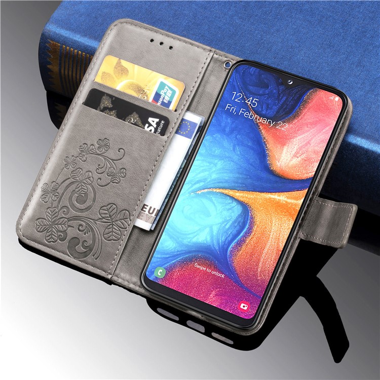Imprint Four Leaf Clover Leather Wallet Stand Case with Strap for Samsung Galaxy A20e - Grey-12
