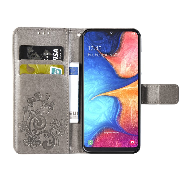 Imprint Four Leaf Clover Leather Wallet Stand Case with Strap for Samsung Galaxy A20e - Grey-4