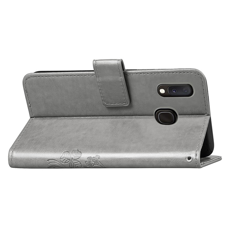 Imprint Four Leaf Clover Leather Wallet Stand Case with Strap for Samsung Galaxy A20e - Grey-6