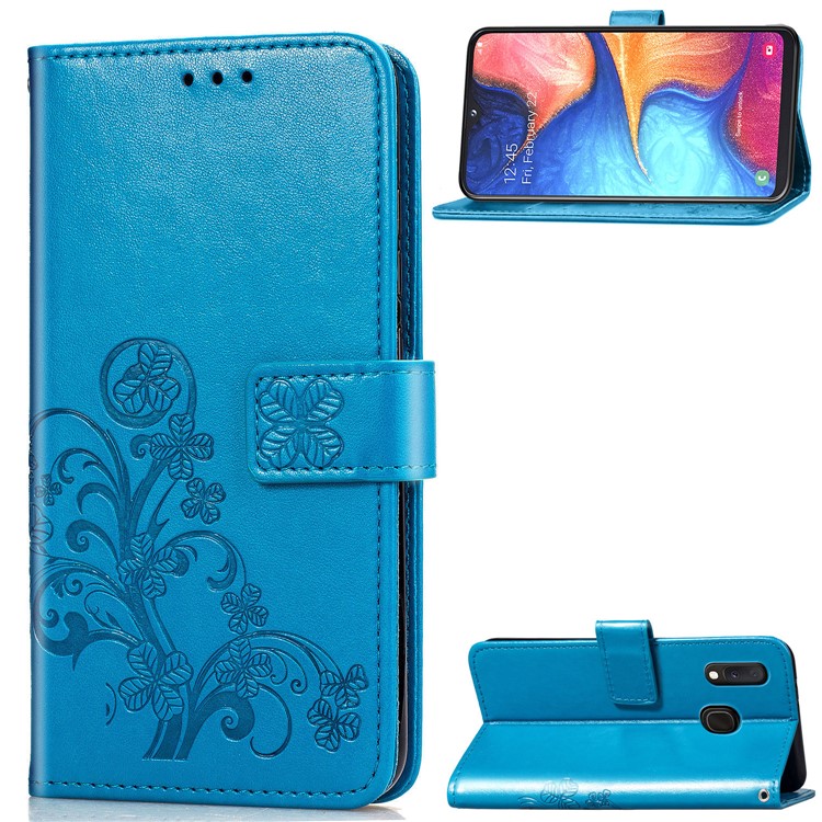 Imprint Four Leaf Clover Leather Wallet Stand Case with Strap for Samsung Galaxy A20e - Blue-1