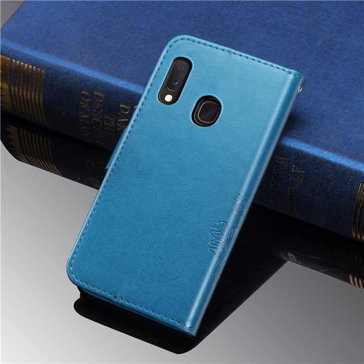 Imprint Four Leaf Clover Leather Wallet Stand Case with Strap for Samsung Galaxy A20e - Blue-11