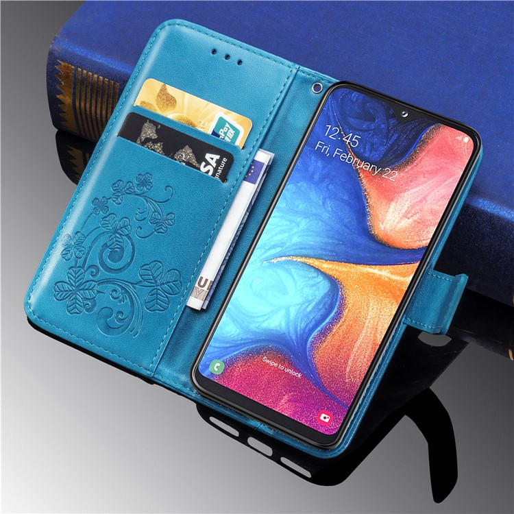Imprint Four Leaf Clover Leather Wallet Stand Case with Strap for Samsung Galaxy A20e - Blue-12