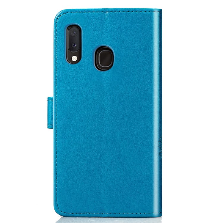 Imprint Four Leaf Clover Leather Wallet Stand Case with Strap for Samsung Galaxy A20e - Blue-3