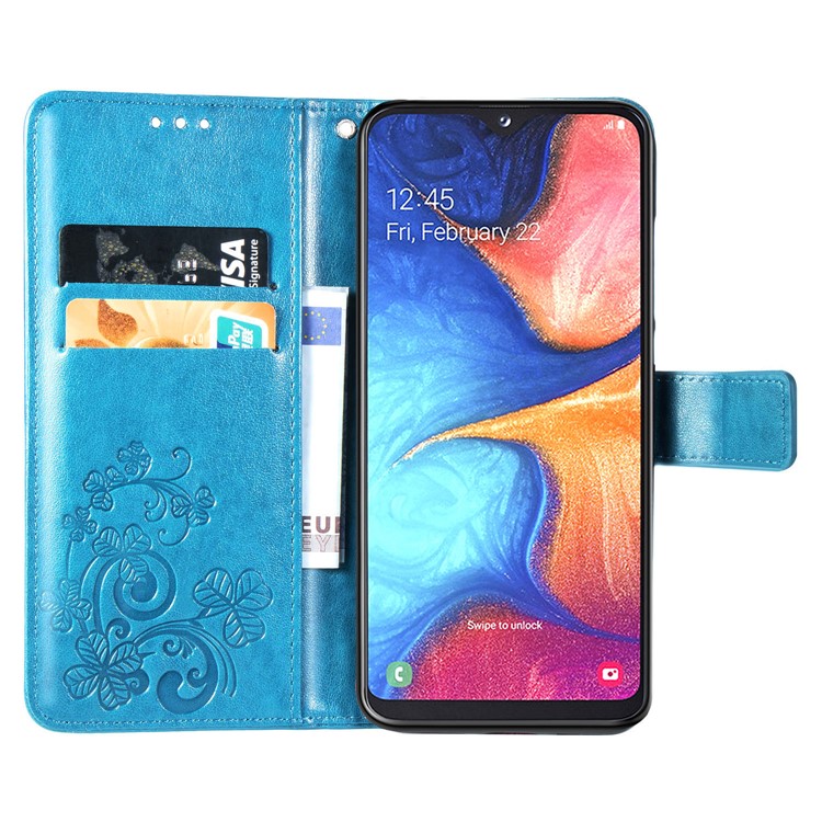 Imprint Four Leaf Clover Leather Wallet Stand Case with Strap for Samsung Galaxy A20e - Blue-4