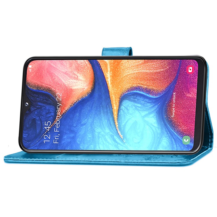Imprint Four Leaf Clover Leather Wallet Stand Case with Strap for Samsung Galaxy A20e - Blue-5