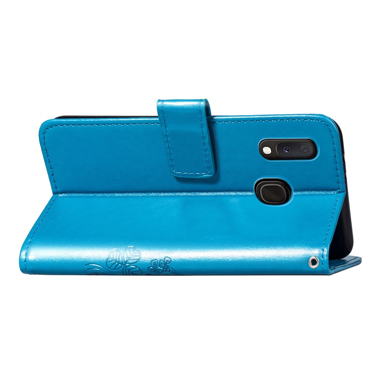Imprint Four Leaf Clover Leather Wallet Stand Case with Strap for Samsung Galaxy A20e - Blue-6