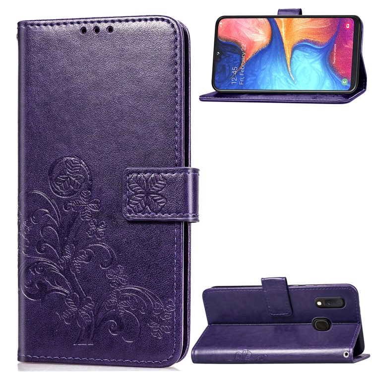 Imprint Four Leaf Clover Leather Wallet Stand Case with Strap for Samsung Galaxy A20e - Purple-1