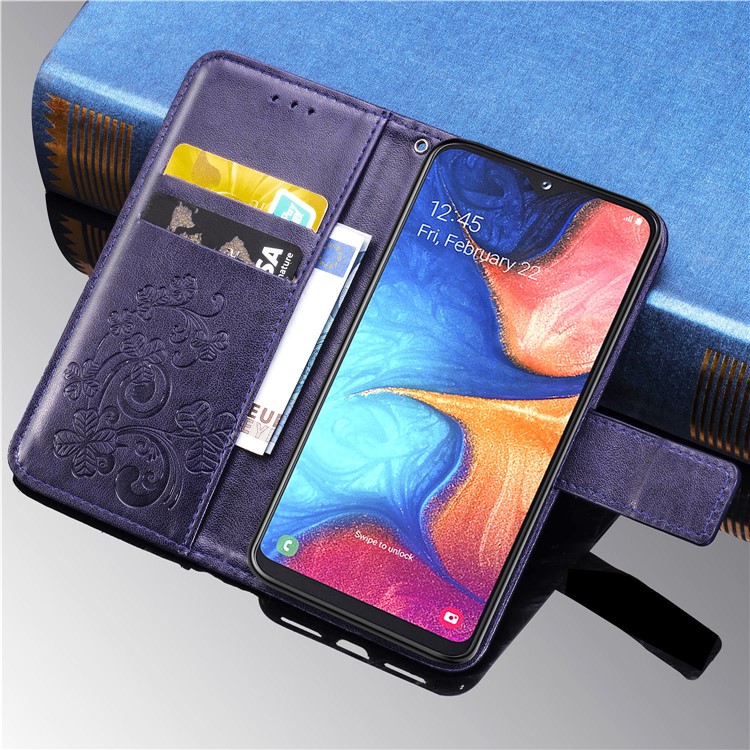 Imprint Four Leaf Clover Leather Wallet Stand Case with Strap for Samsung Galaxy A20e - Purple-13