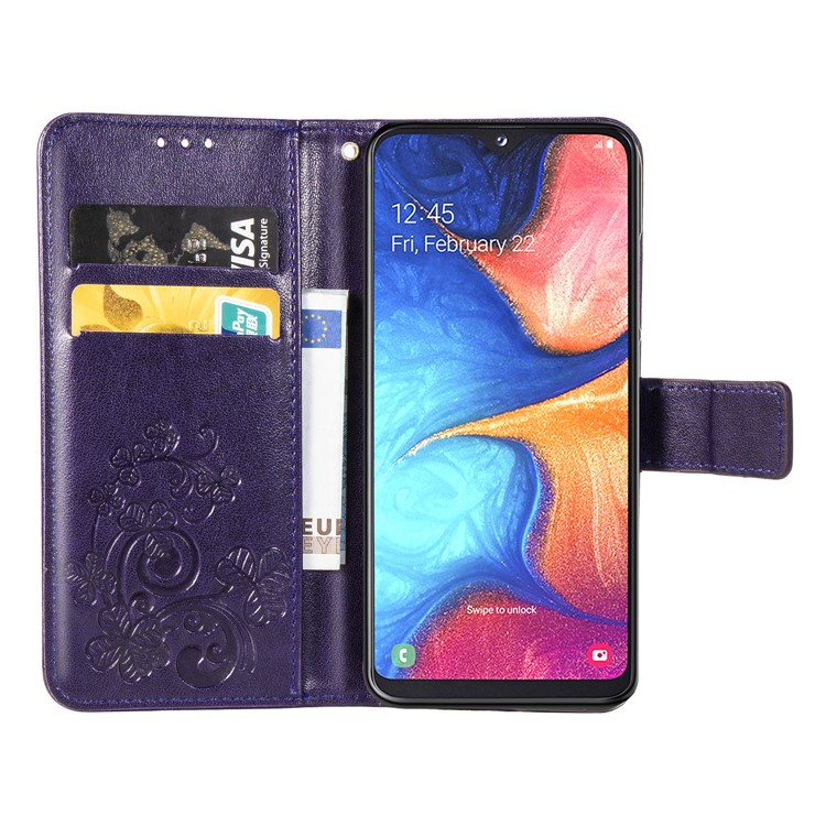Imprint Four Leaf Clover Leather Wallet Stand Case with Strap for Samsung Galaxy A20e - Purple-4