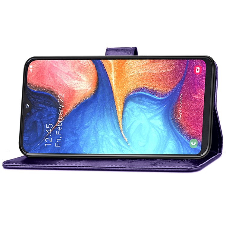 Imprint Four Leaf Clover Leather Wallet Stand Case with Strap for Samsung Galaxy A20e - Purple-5