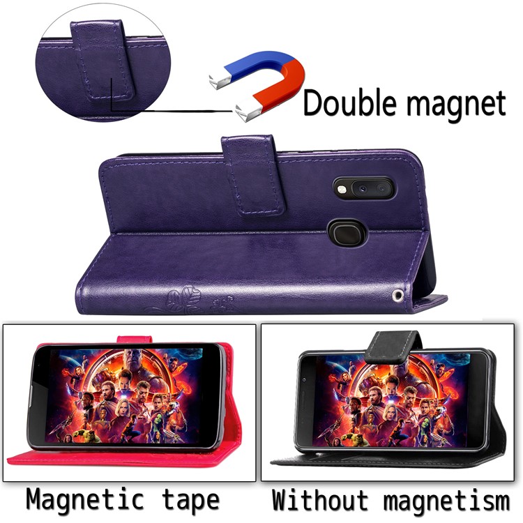 Imprint Four Leaf Clover Leather Wallet Stand Case with Strap for Samsung Galaxy A20e - Purple-8