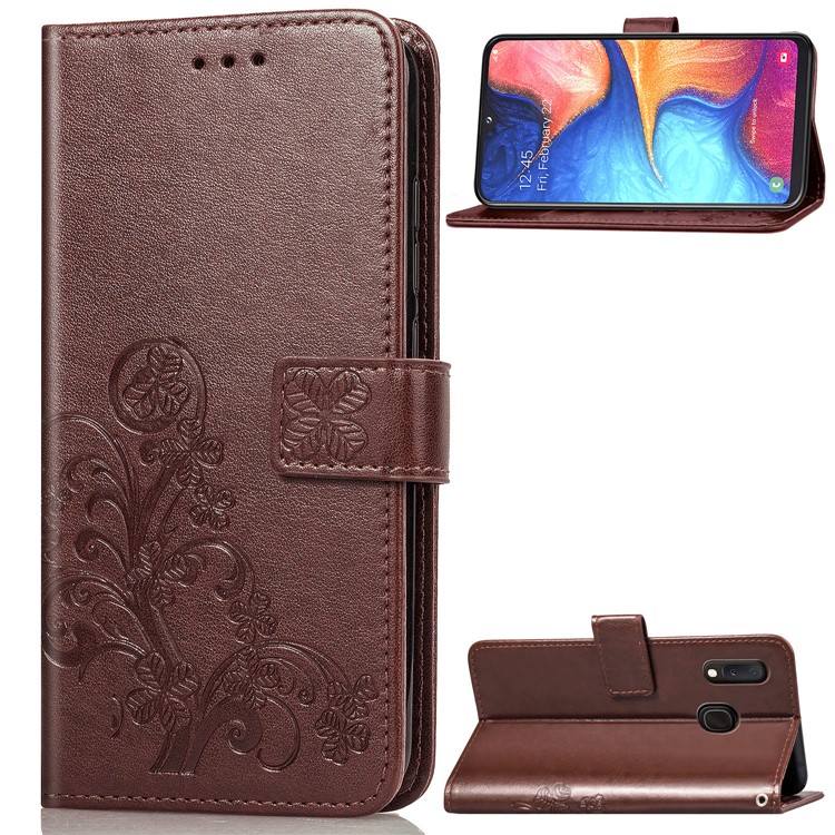 Imprint Four Leaf Clover Leather Wallet Stand Case with Strap for Samsung Galaxy A20e - Brown-1