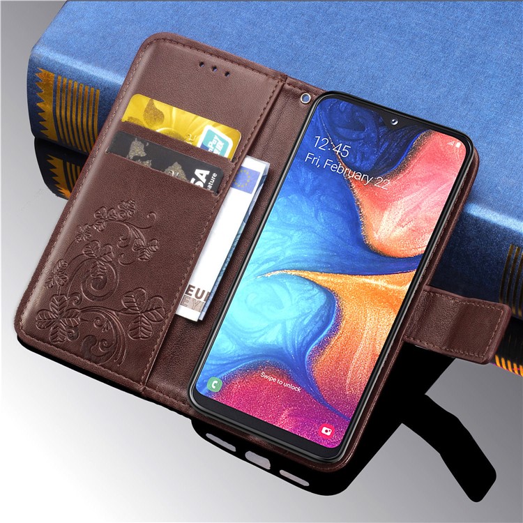 Imprint Four Leaf Clover Leather Wallet Stand Case with Strap for Samsung Galaxy A20e - Brown-11