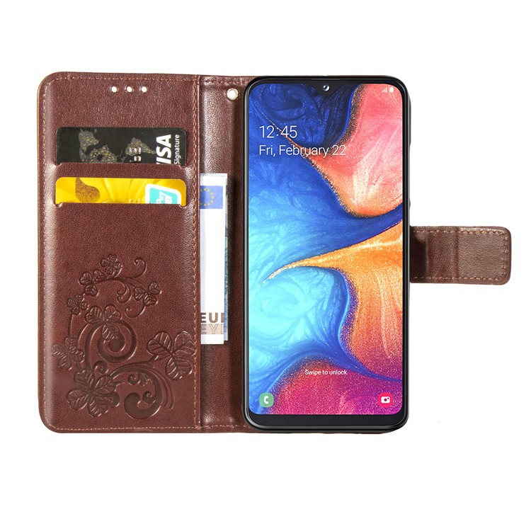 Imprint Four Leaf Clover Leather Wallet Stand Case with Strap for Samsung Galaxy A20e - Brown-4