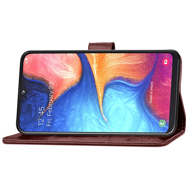 Imprint Four Leaf Clover Leather Wallet Stand Case with Strap for Samsung Galaxy A20e - Brown-5